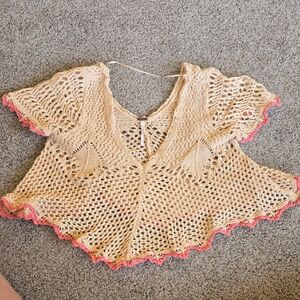 Free People Crochet Lace Blouse - Cream and Pink